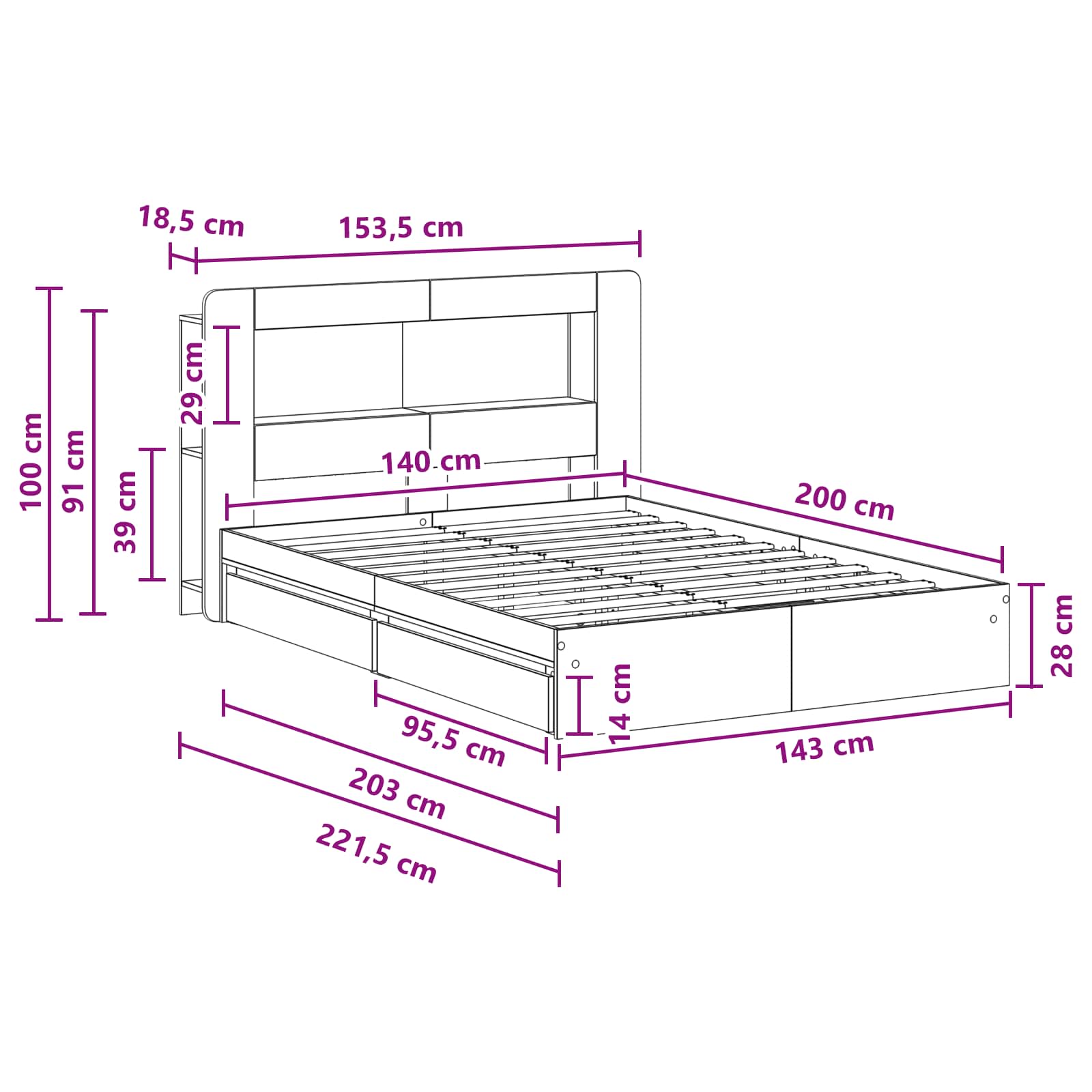 Telaio del letto con storage Sonoma grigio 140 x 200 cm | homemem39