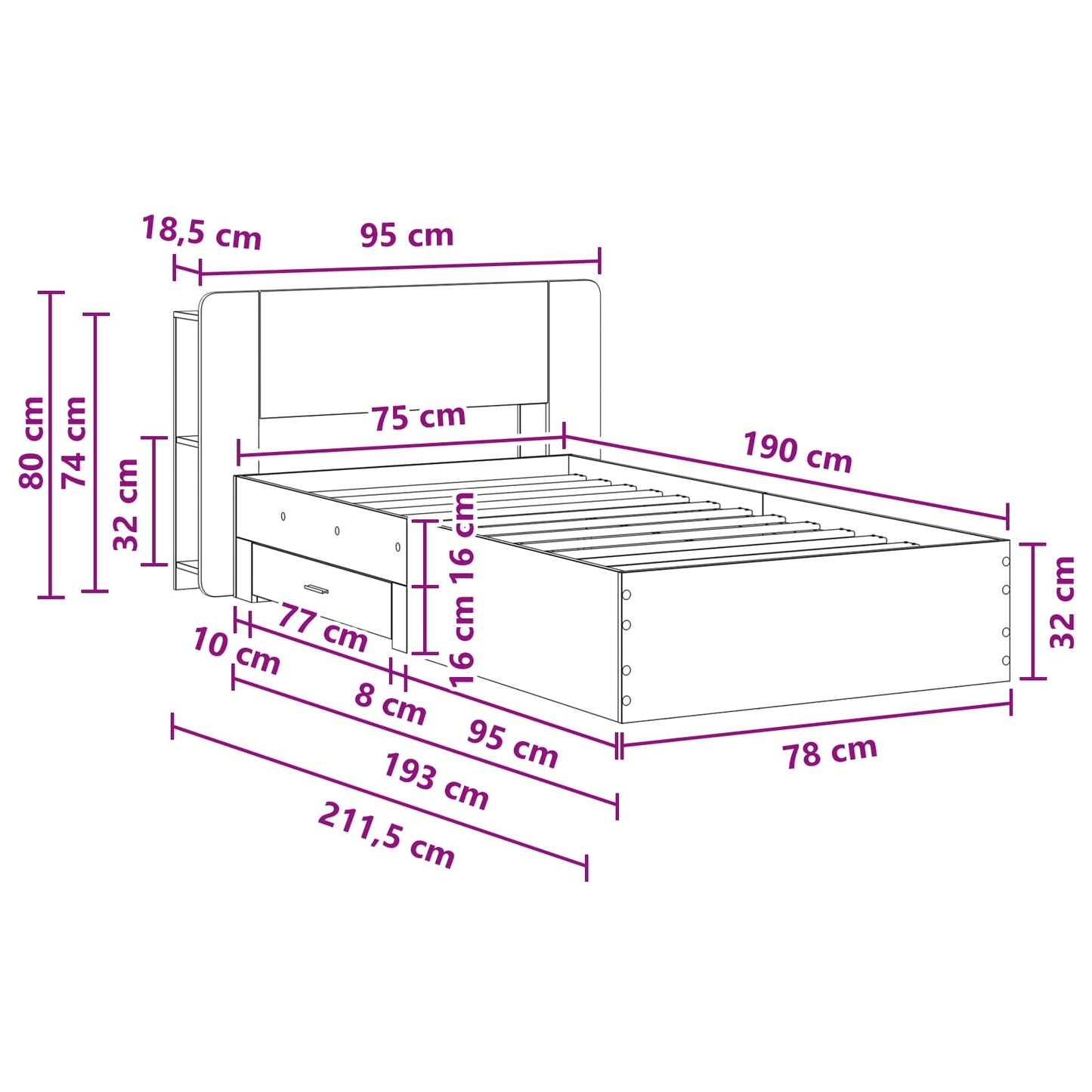 Telaio del letto con storage Grigio Cemento 75 x 190 cm | homemem39