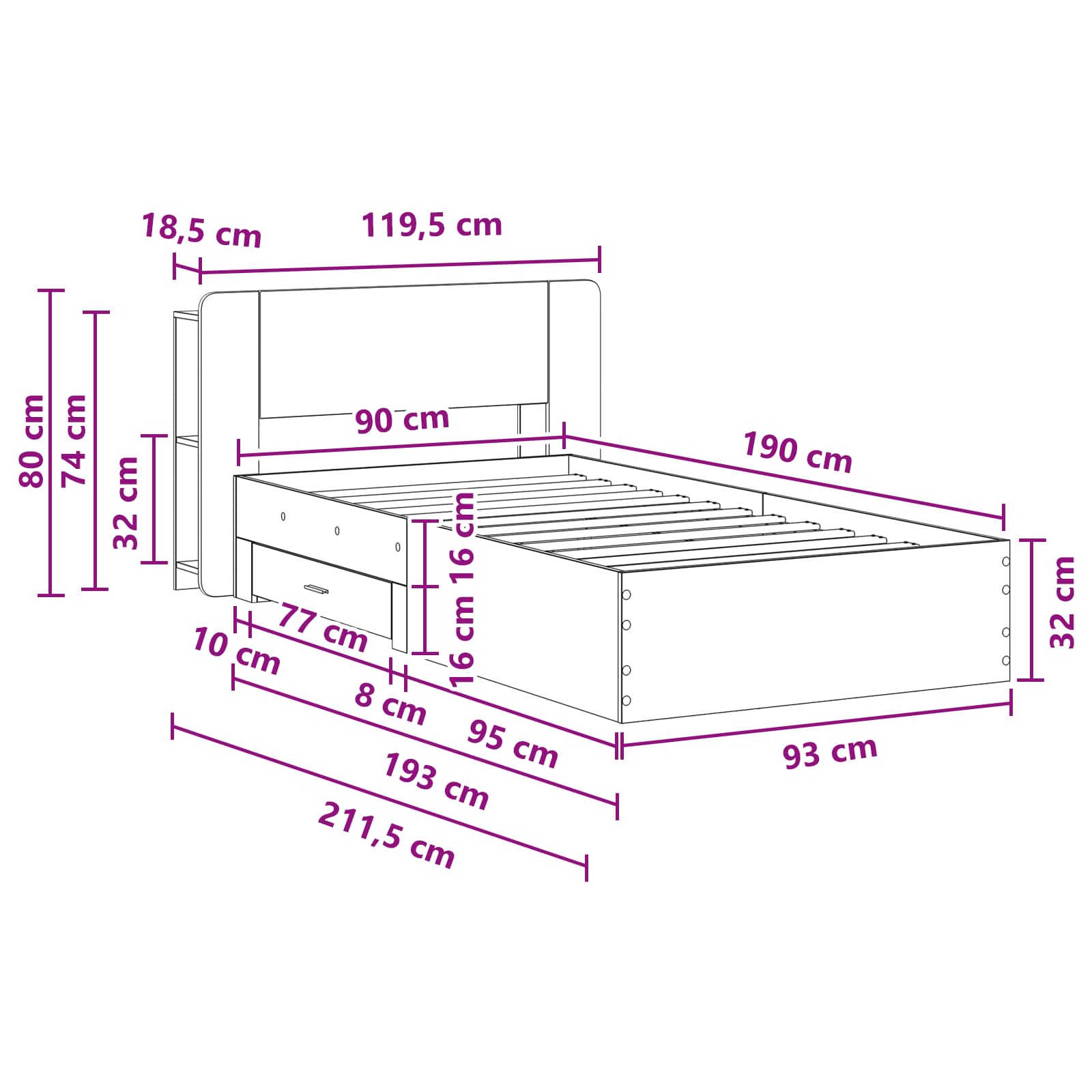 Telaio del letto con storage Rovere Sonoma 90 x 190 cm | homemem39