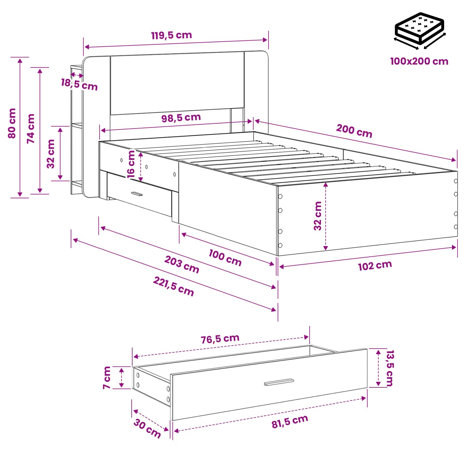 Telaio del letto con storage Legno antico 100 x 200 cm | homemem39