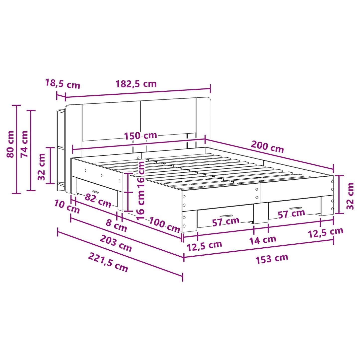Telaio del letto con storage Grigio Cemento 150 x 200 cm | homemem39