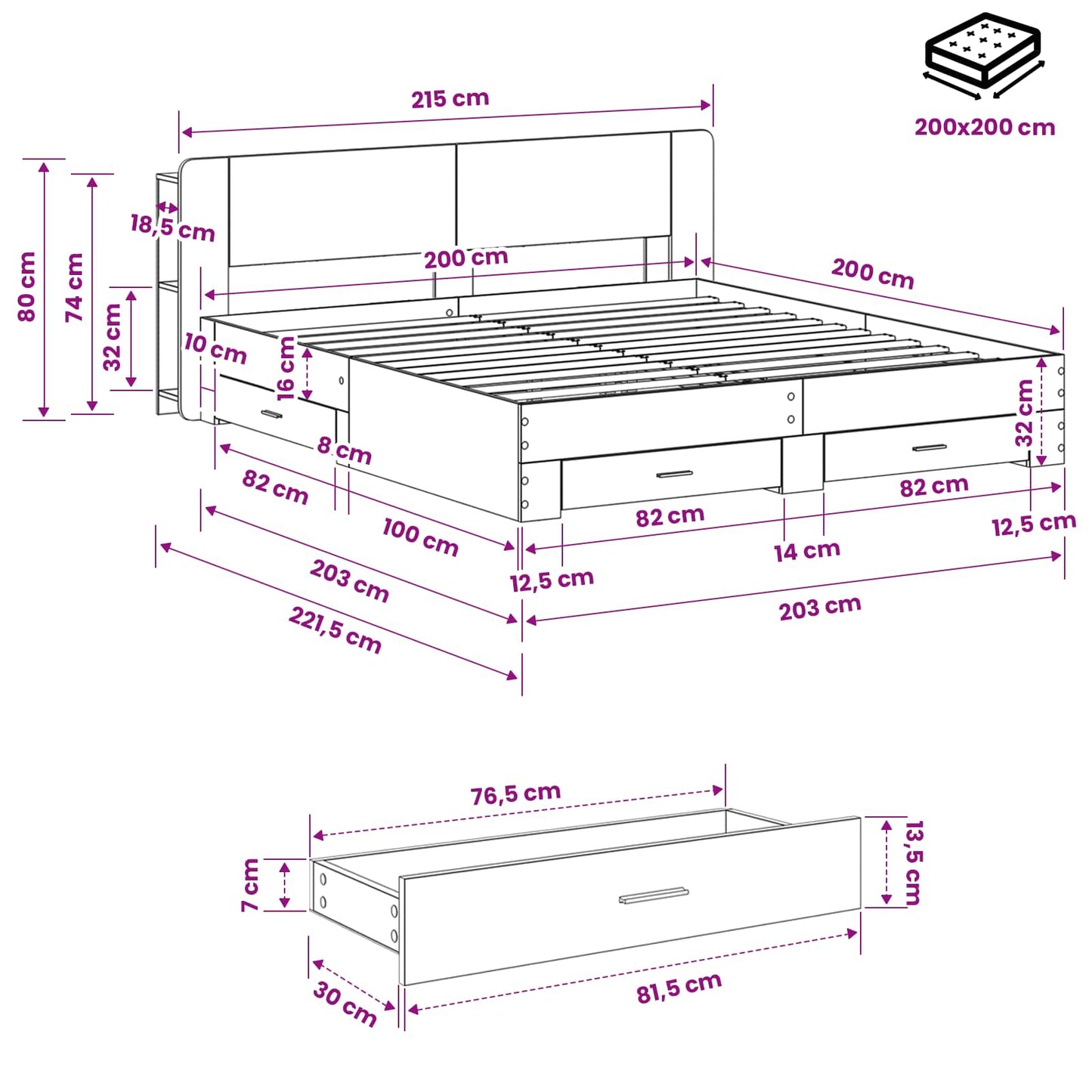 Telaio del letto con storage Grigio Cemento 200 x 200 cm | homemem39