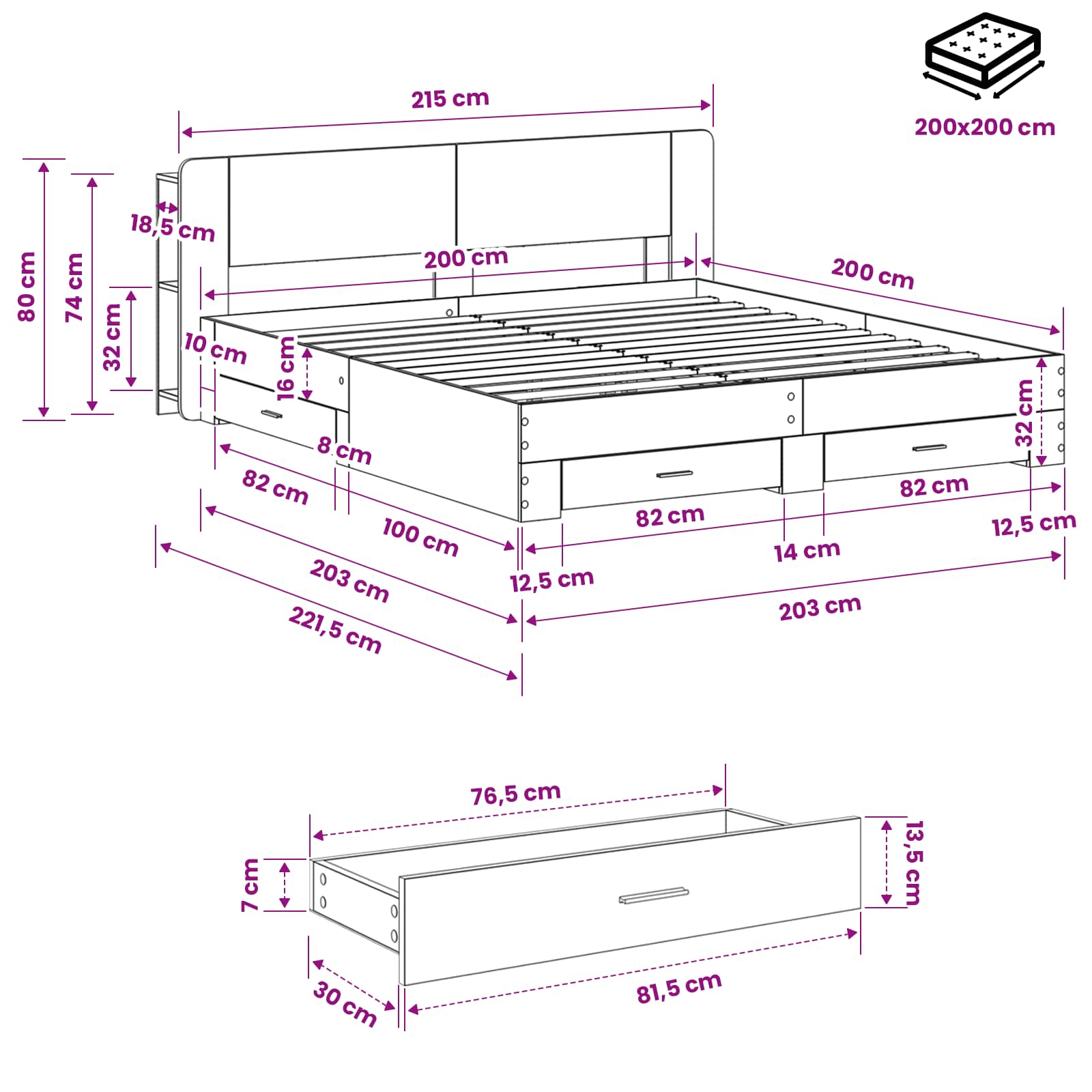 Telaio del letto con storage Grigio Cemento 200 x 200 cm | homemem39