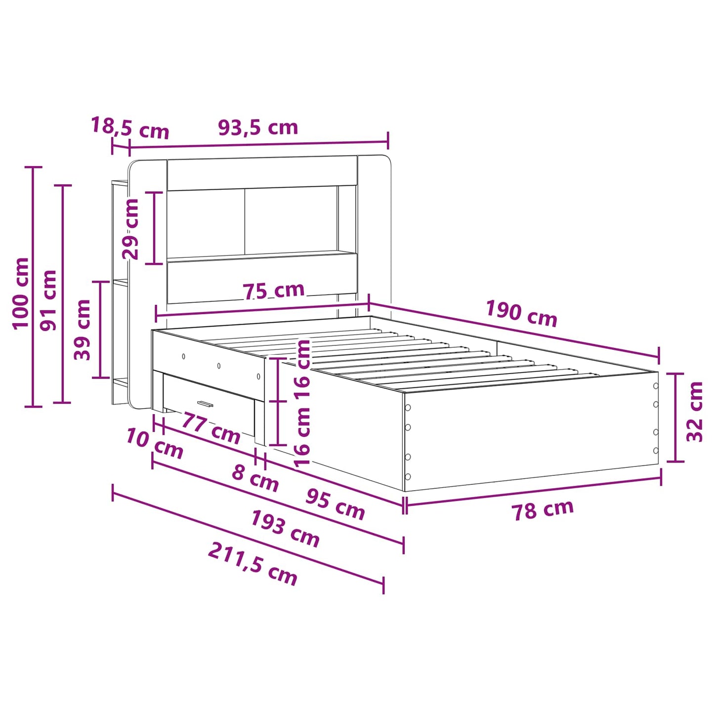 Telaio del letto con storage Rovere Fumo 75 x 190 cm | homemem39