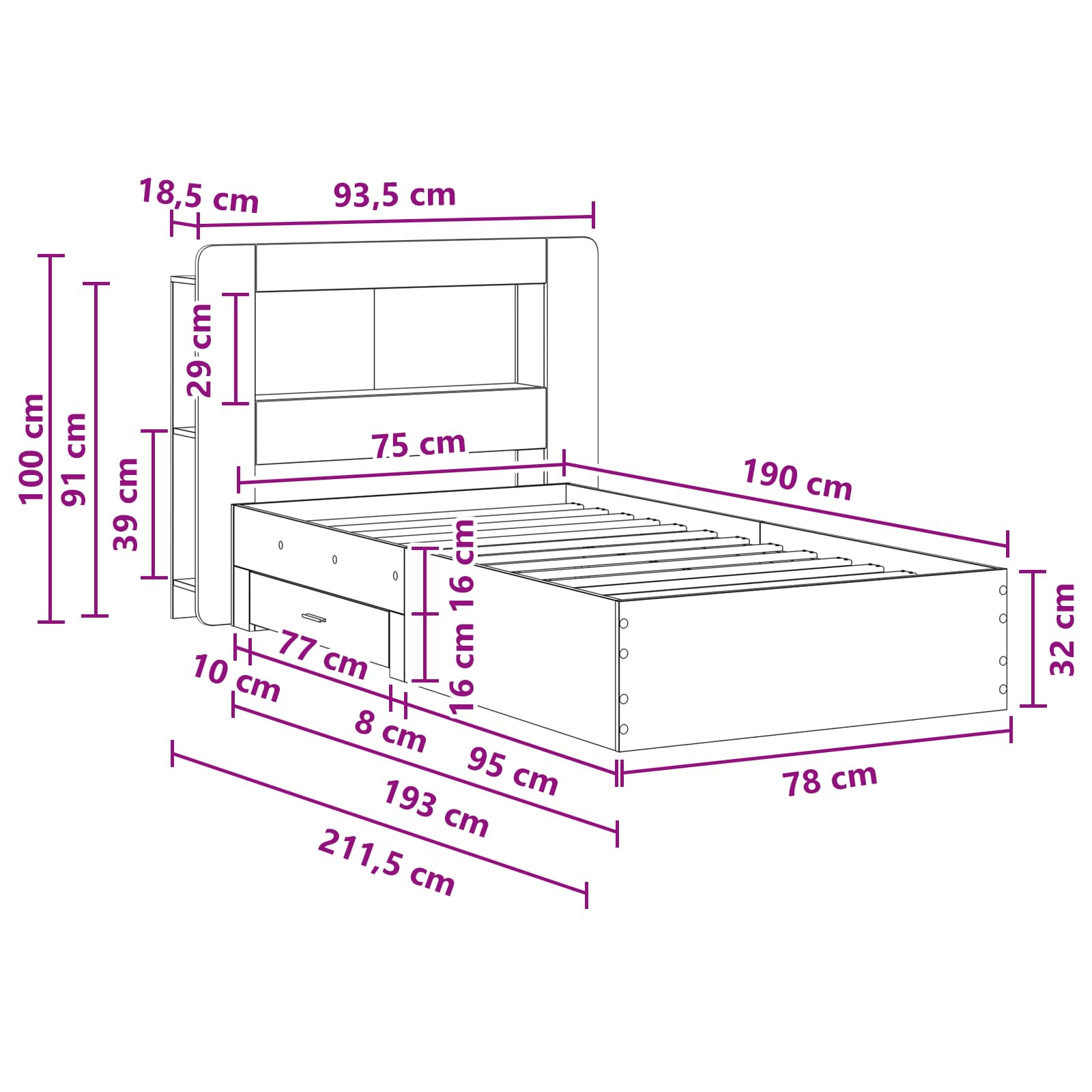 Telaio del letto con storage Rovere Sonoma 75 x 190 cm | homemem39