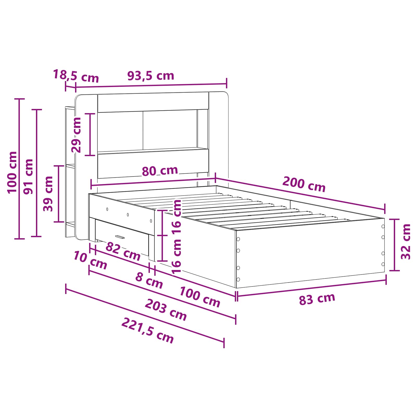 Telaio del letto con storage Rovere Fumo 80 x 200 cm | homemem39