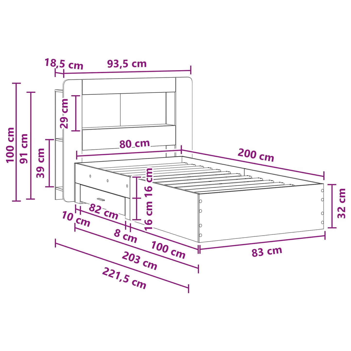 Telaio del letto con storage con testiera Bianco 80 x 200 cm | homemem39