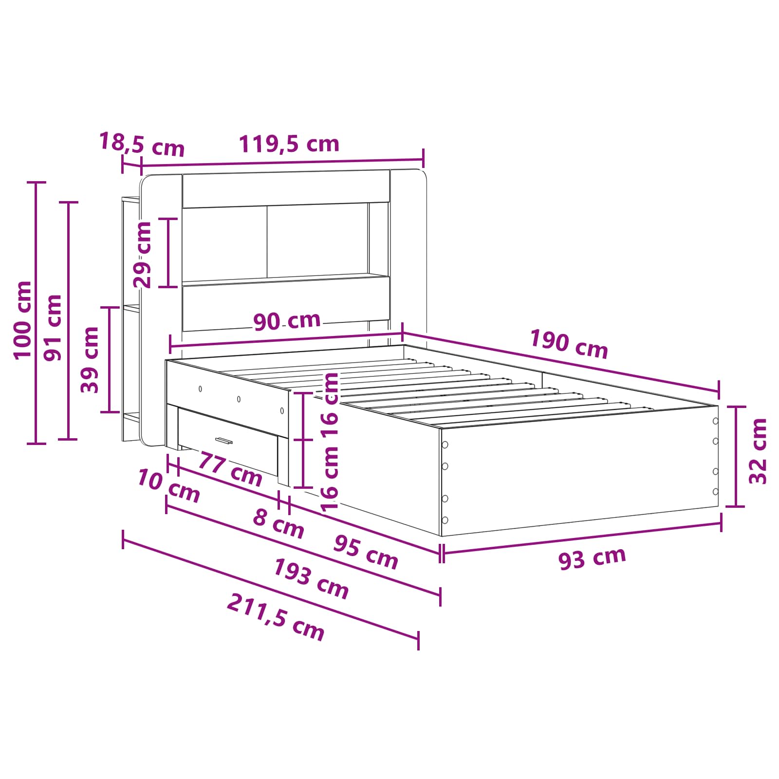 Telaio del letto con storage Rovere Fumo 90 x 190 cm | homemem39