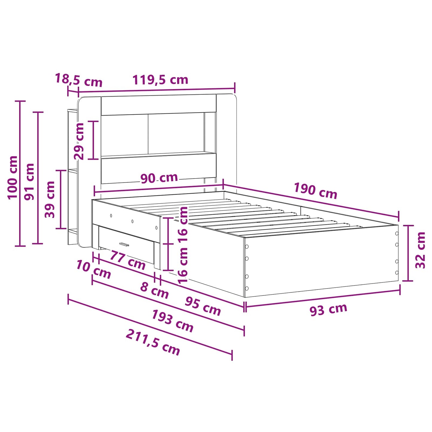Telaio del letto con storage Rovere Sonoma 90 x 190 cm | homemem39