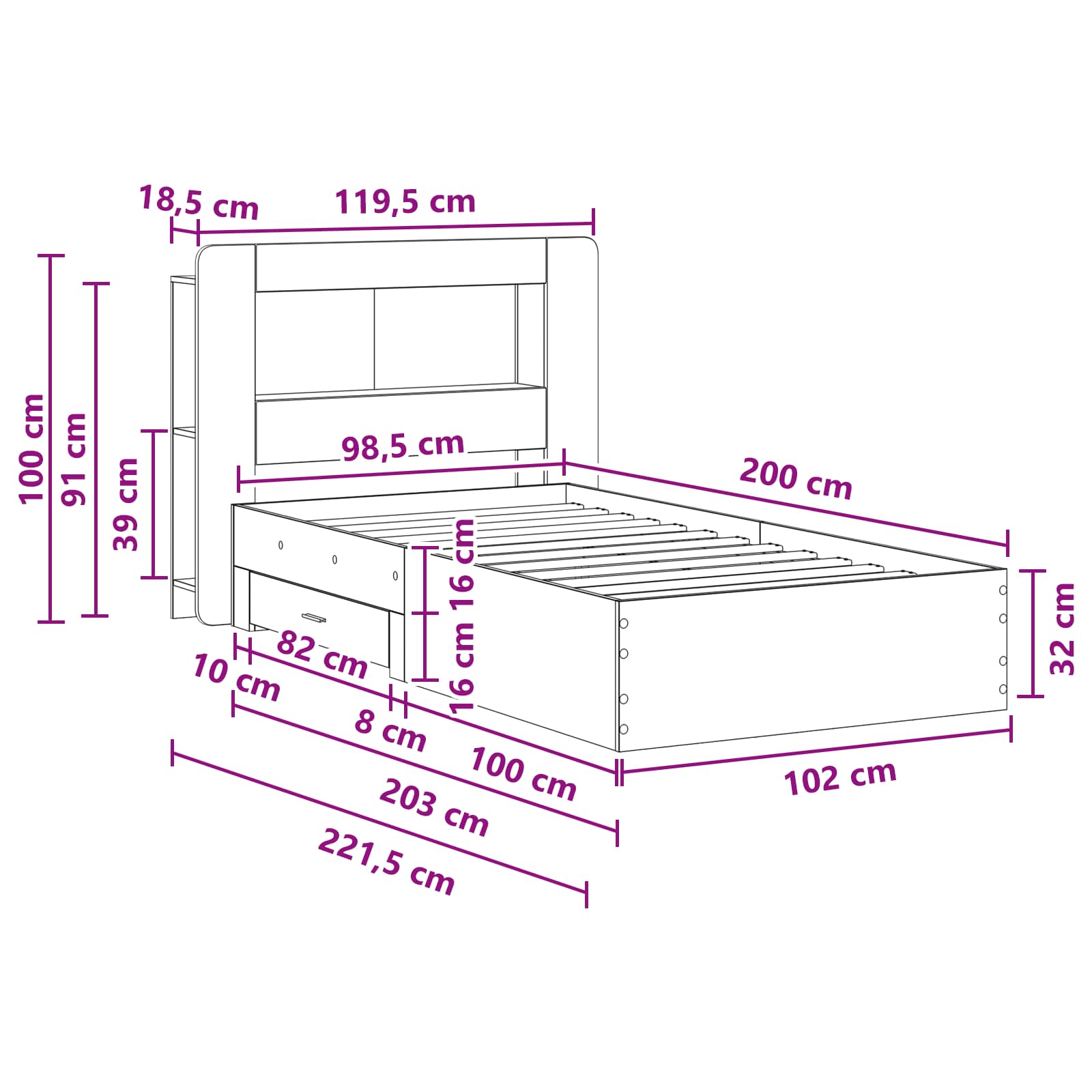 Telaio del letto con storage Sonoma grigio 100 x 200 cm | homemem39