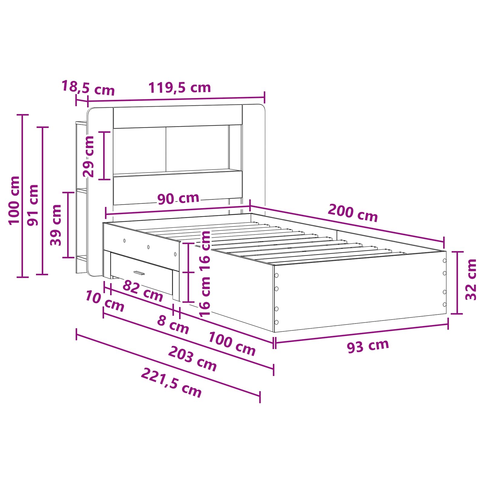 Telaio del letto con storage Sonoma grigio 90 x 200 cm | homemem39