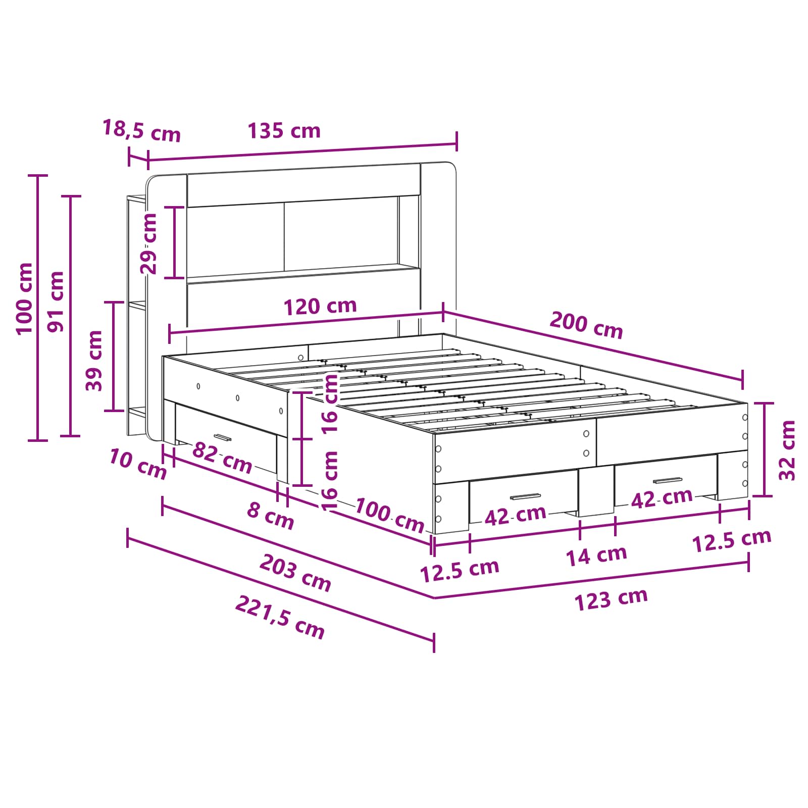 Telaio del letto con storage Rovere Sonoma 120 x 200 cm | homemem39