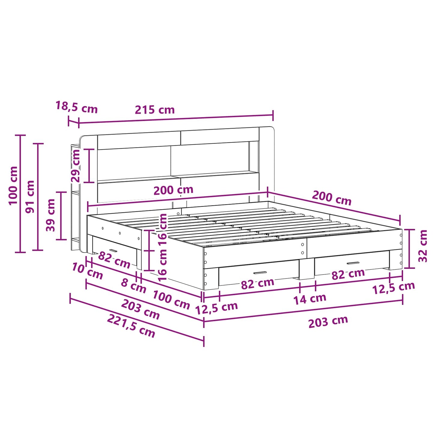 Telaio del letto con storage Grigio Cemento 200 x 200 cm | homemem39