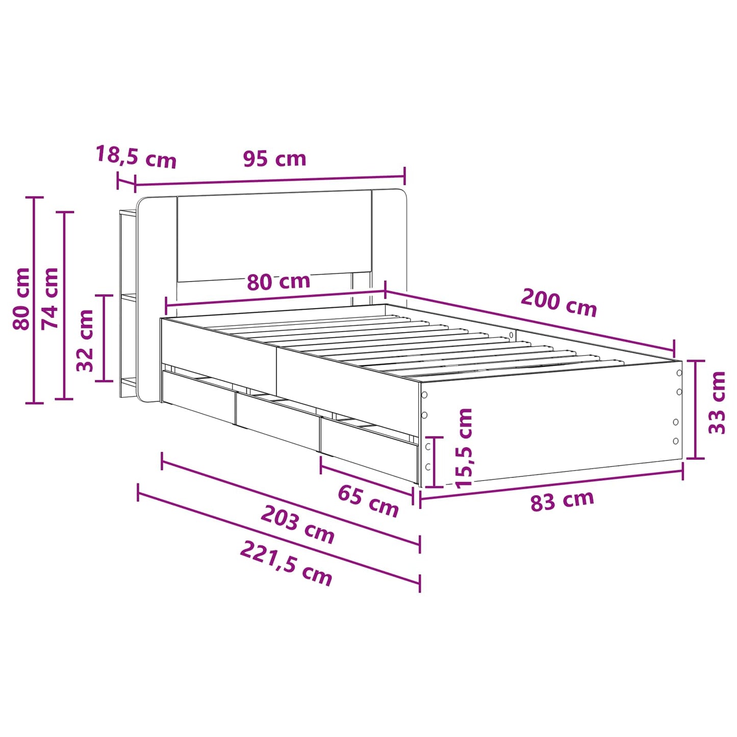 Telaio del letto con storage Rovere Fumo 80 x 200 cm | homemem39