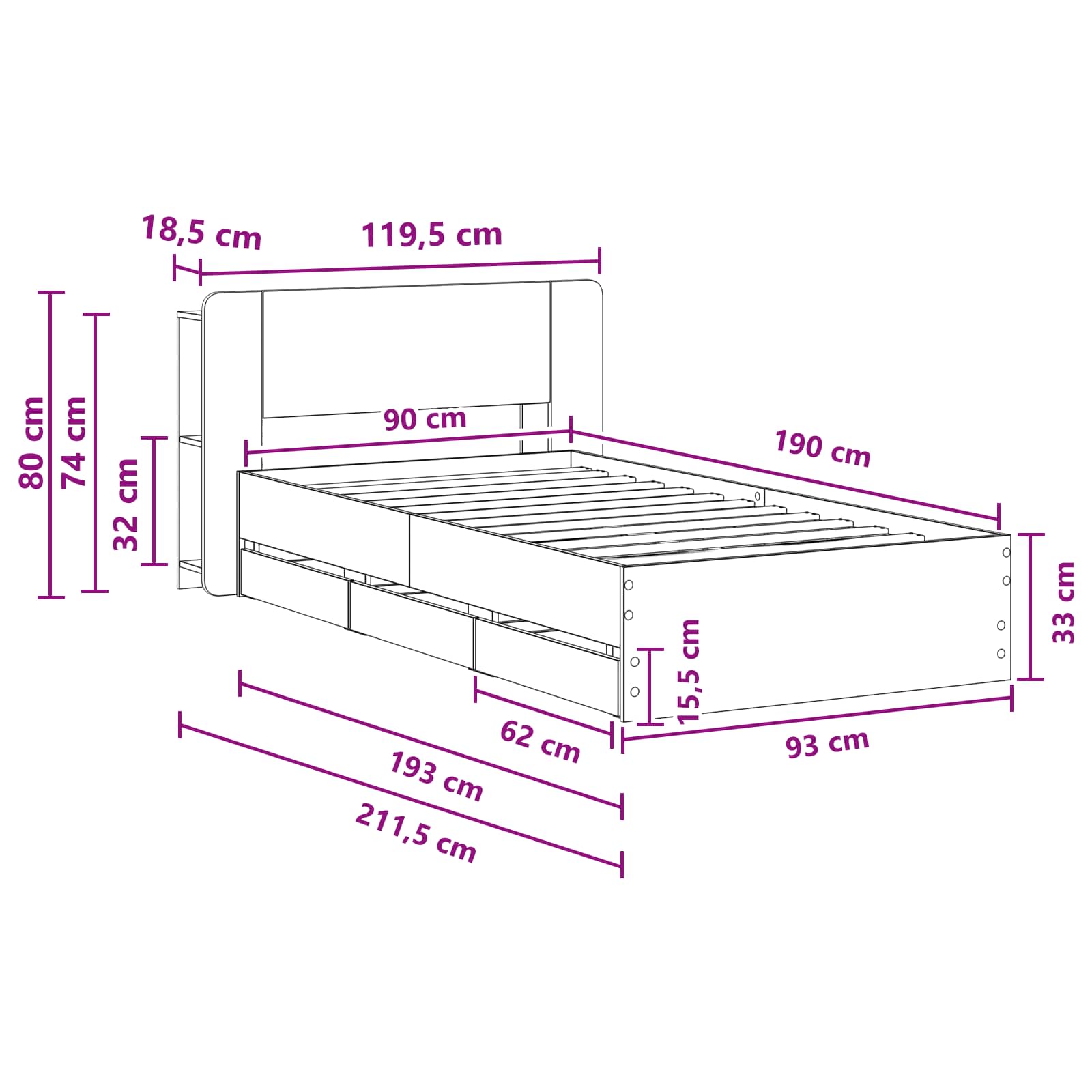 Telaio del letto con storage Grigio Cemento 90 x 190 cm | homemem39