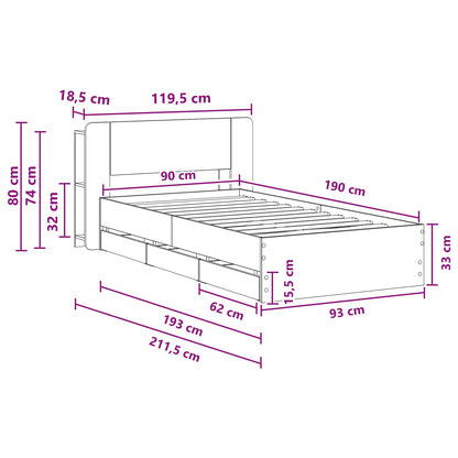 Telaio del letto con storage Sonoma grigio 90 x 190 cm | homemem39