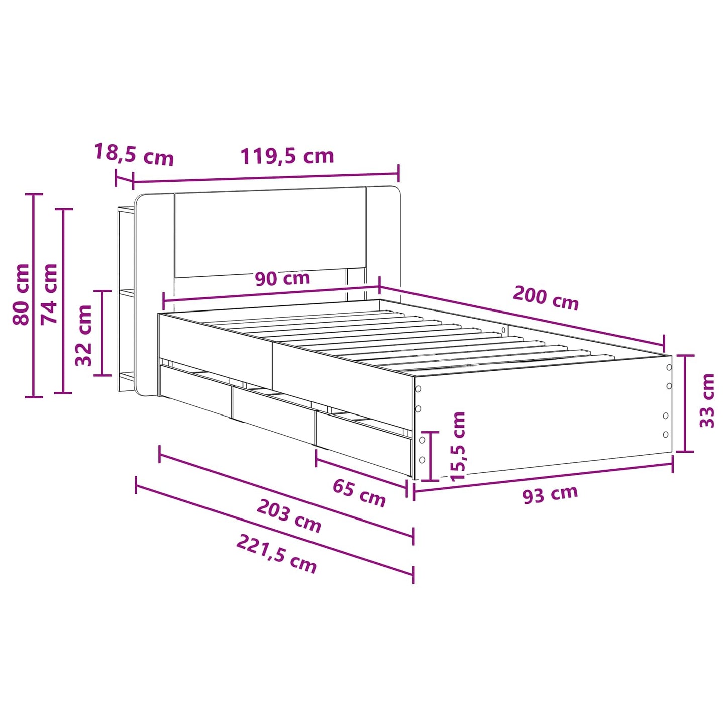 Telaio del letto con storage Sonoma grigio 90 x 200 cm | homemem39
