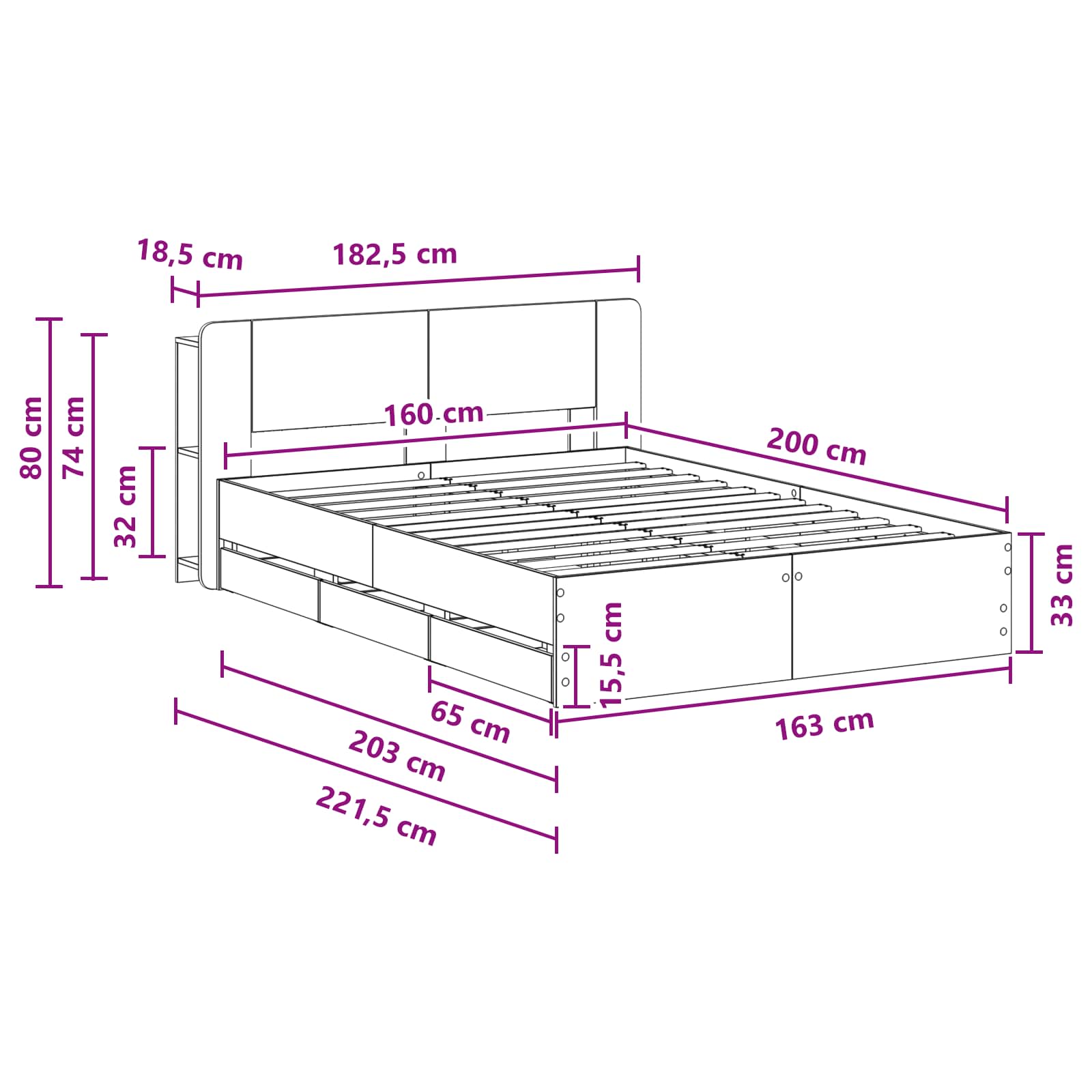 Telaio del letto con storage con testiera Nero 160 x 200 cm | homemem39