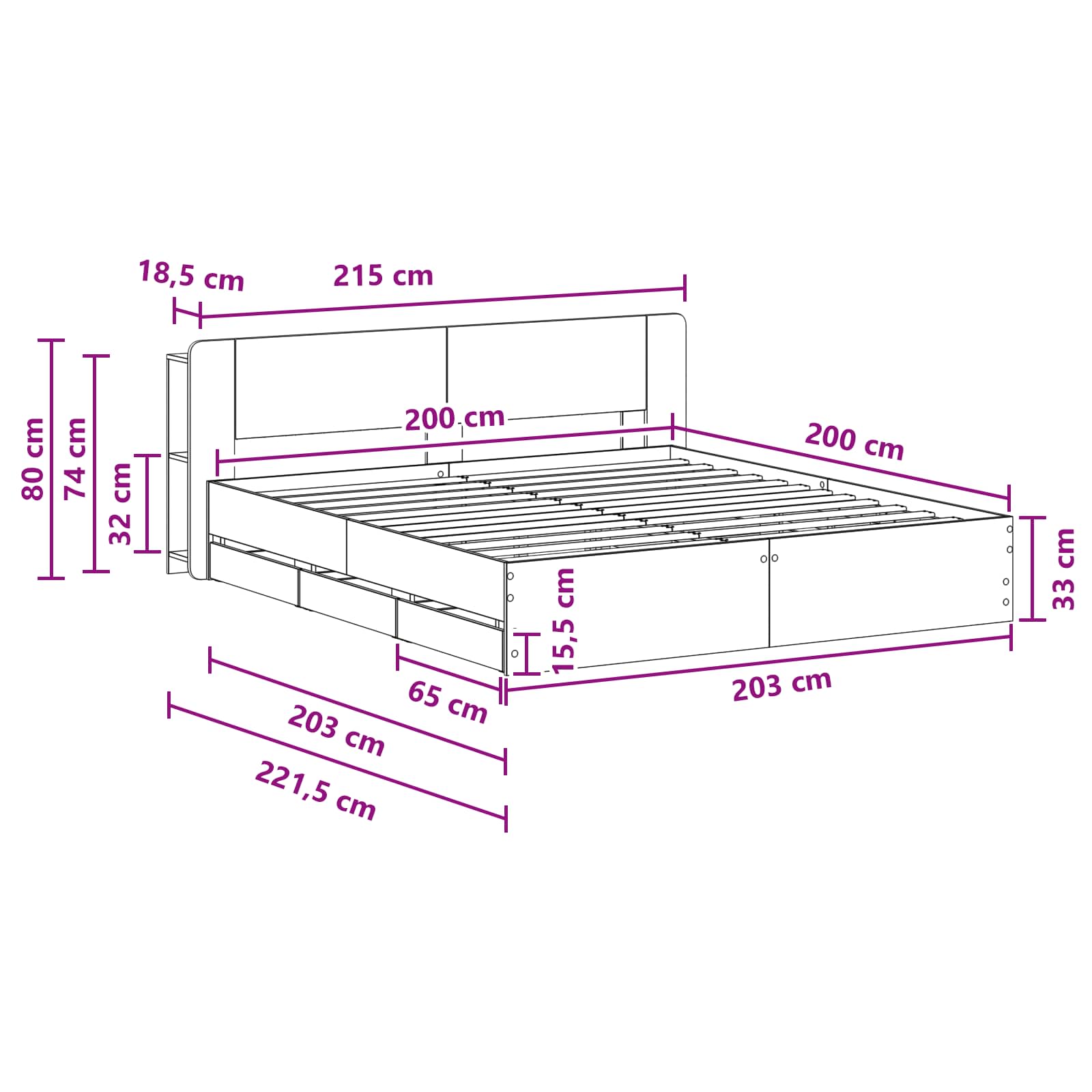 Telaio del letto con storage Sonoma grigio 200 x 200 cm | homemem39