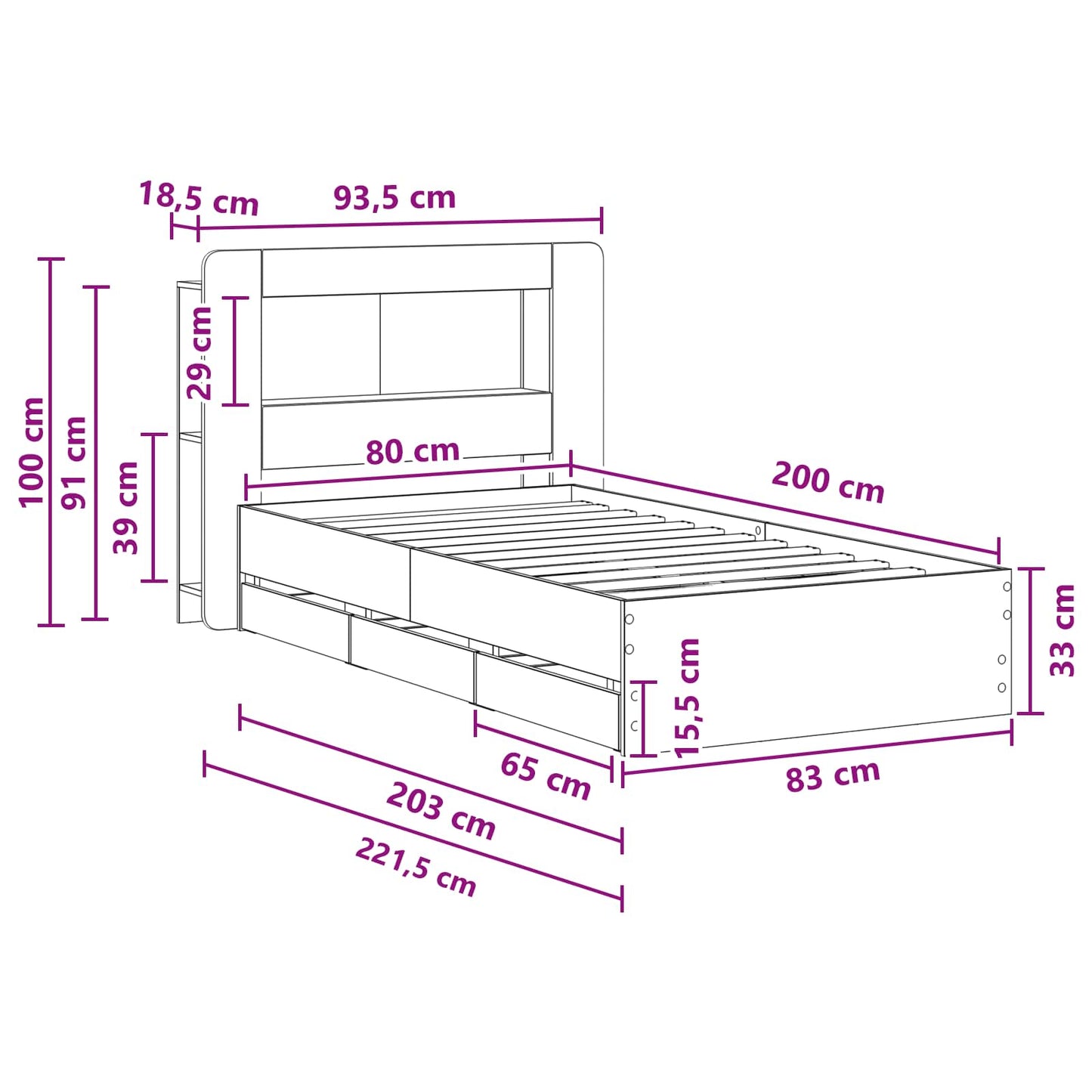 Telaio del letto con storage Rovere Fumo 80 x 200 cm | homemem39
