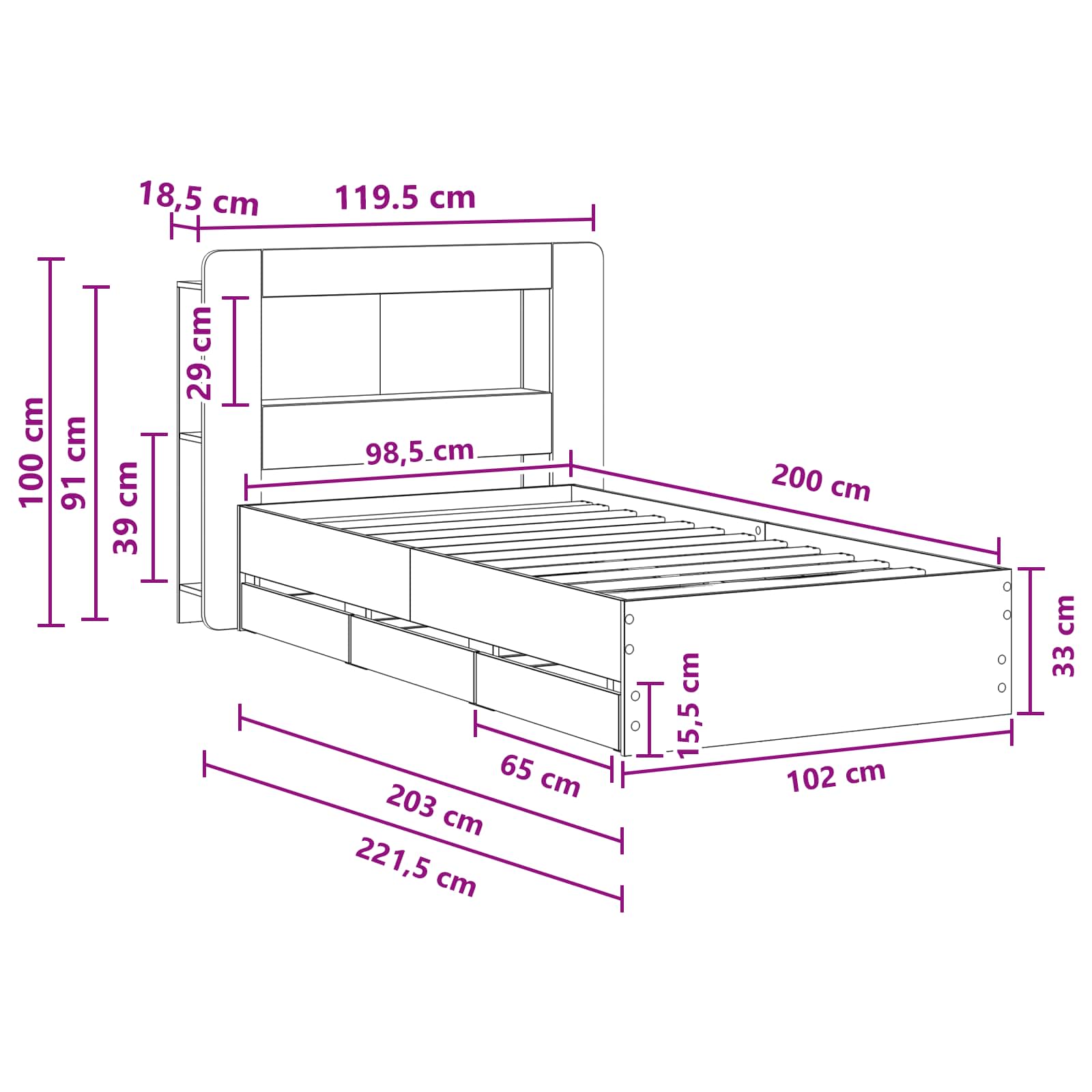 Telaio del letto con storage Sonoma grigio 100 x 200 cm | homemem39