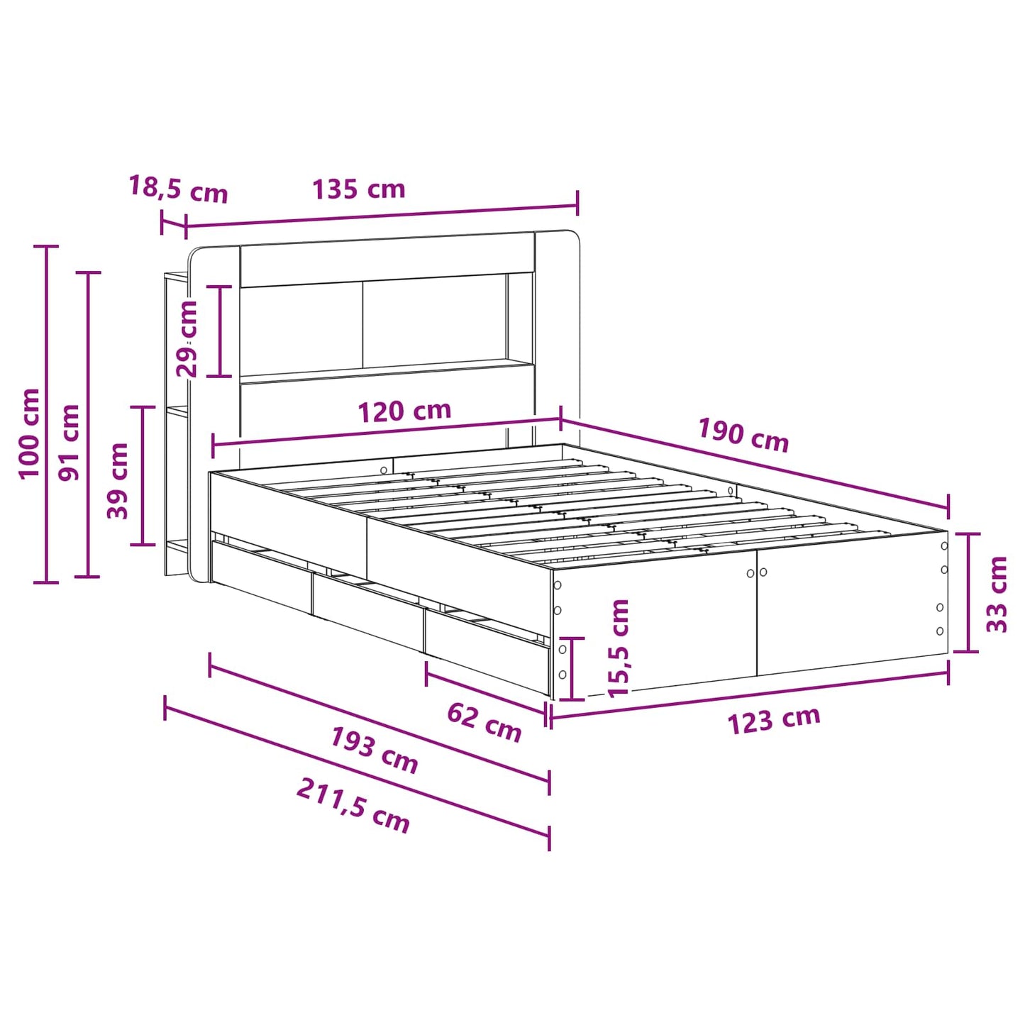 Telaio del letto con storage Rovere Fumo 120 x 190 cm | homemem39