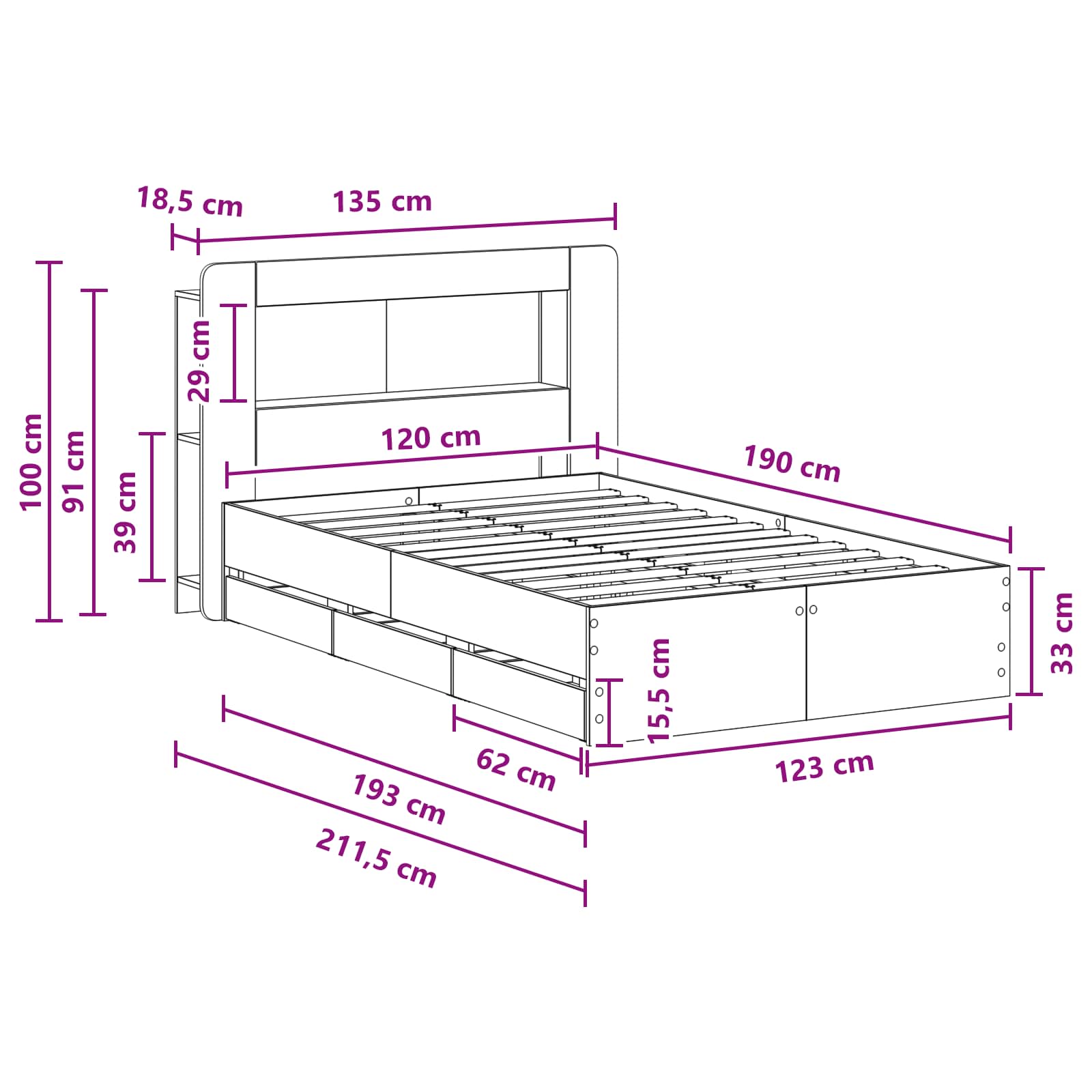 Telaio del letto con storage Rovere Fumo 120 x 190 cm | homemem39