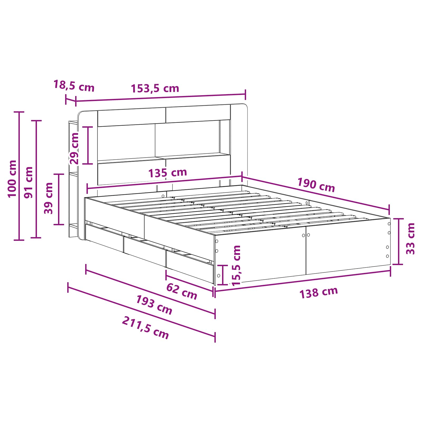 Telaio del letto con storage Rovere Fumo 135 x 190 cm | homemem39