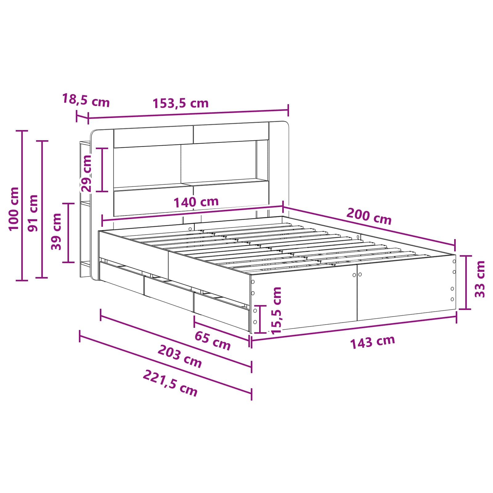 Telaio del letto con storage Sonoma grigio 140 x 200 cm | homemem39