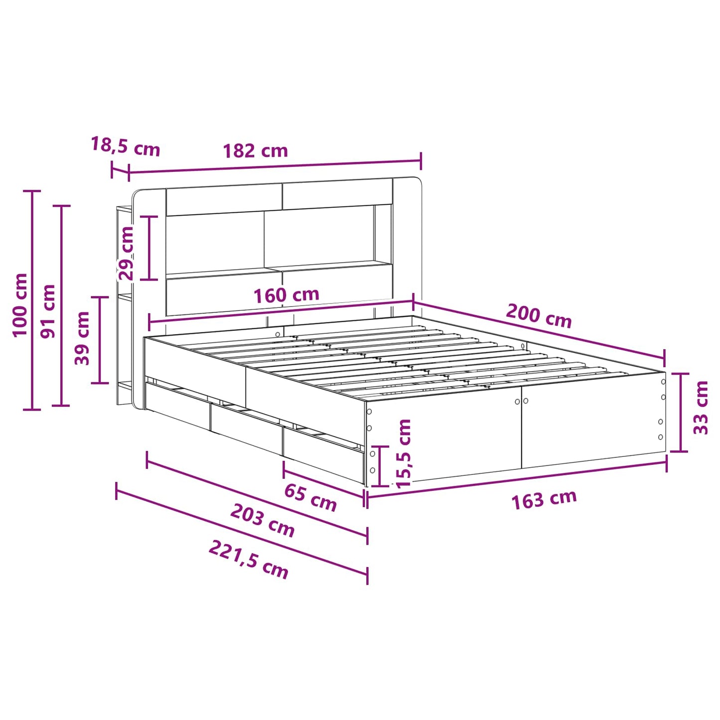 Telaio del letto con storage con testiera Nero 160 x 200 cm | homemem39
