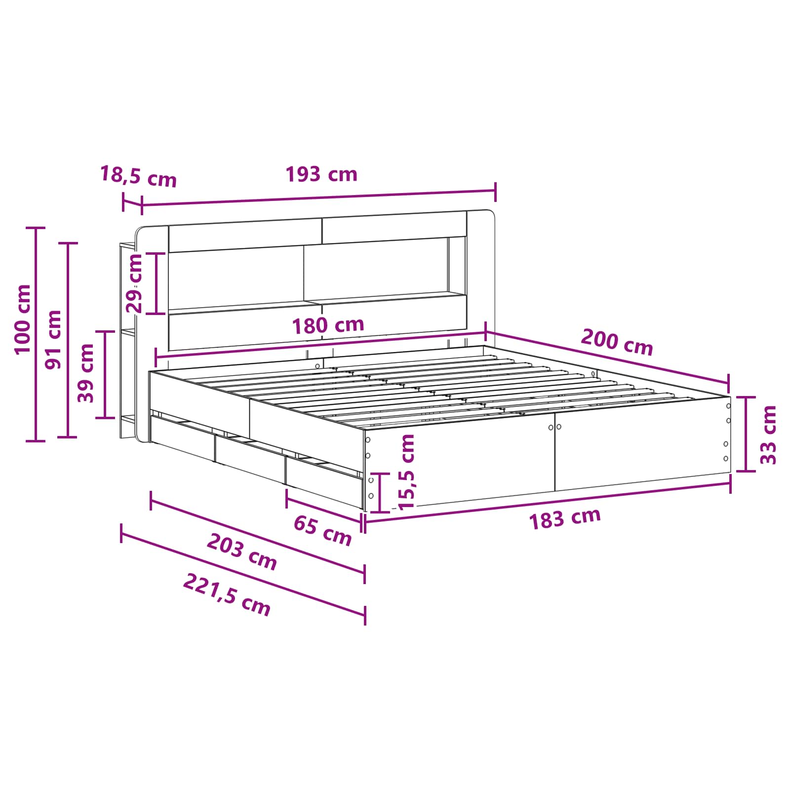 Telaio del letto con storage con testiera Nero 180 x 200 cm | homemem39