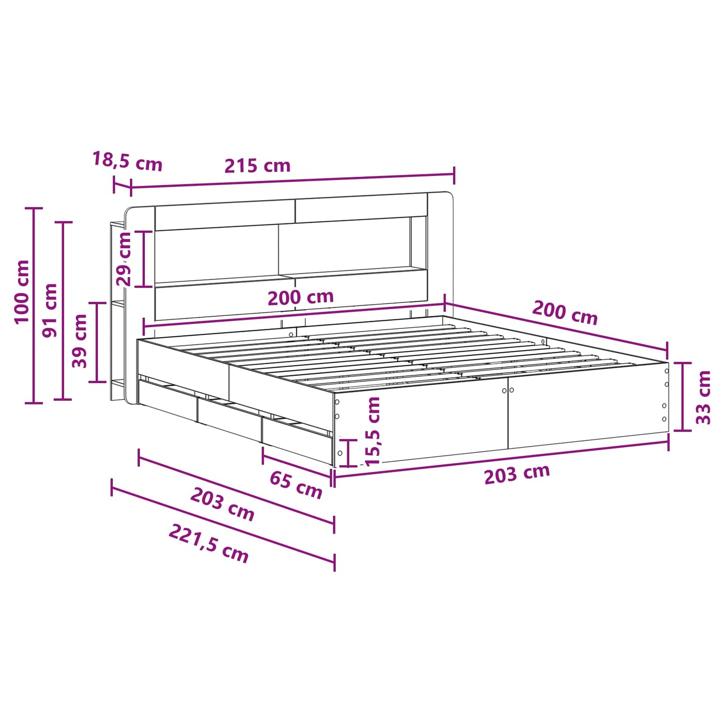 Telaio del letto con storage Sonoma grigio 200 x 200 cm | homemem39