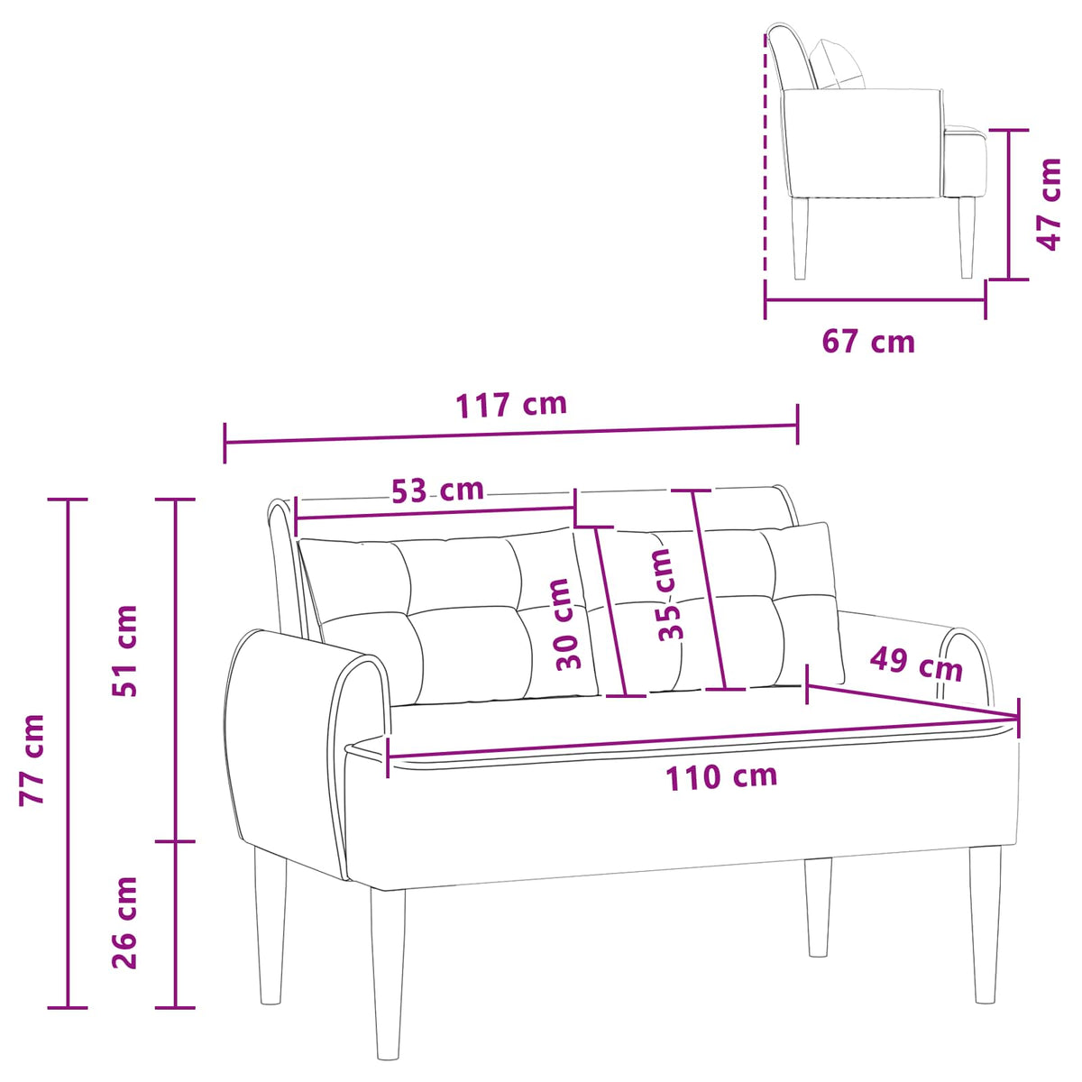 Loveseat con bottoni imbottiti Grigio Chiaro 117 x 67 x 77 cm | homemem39