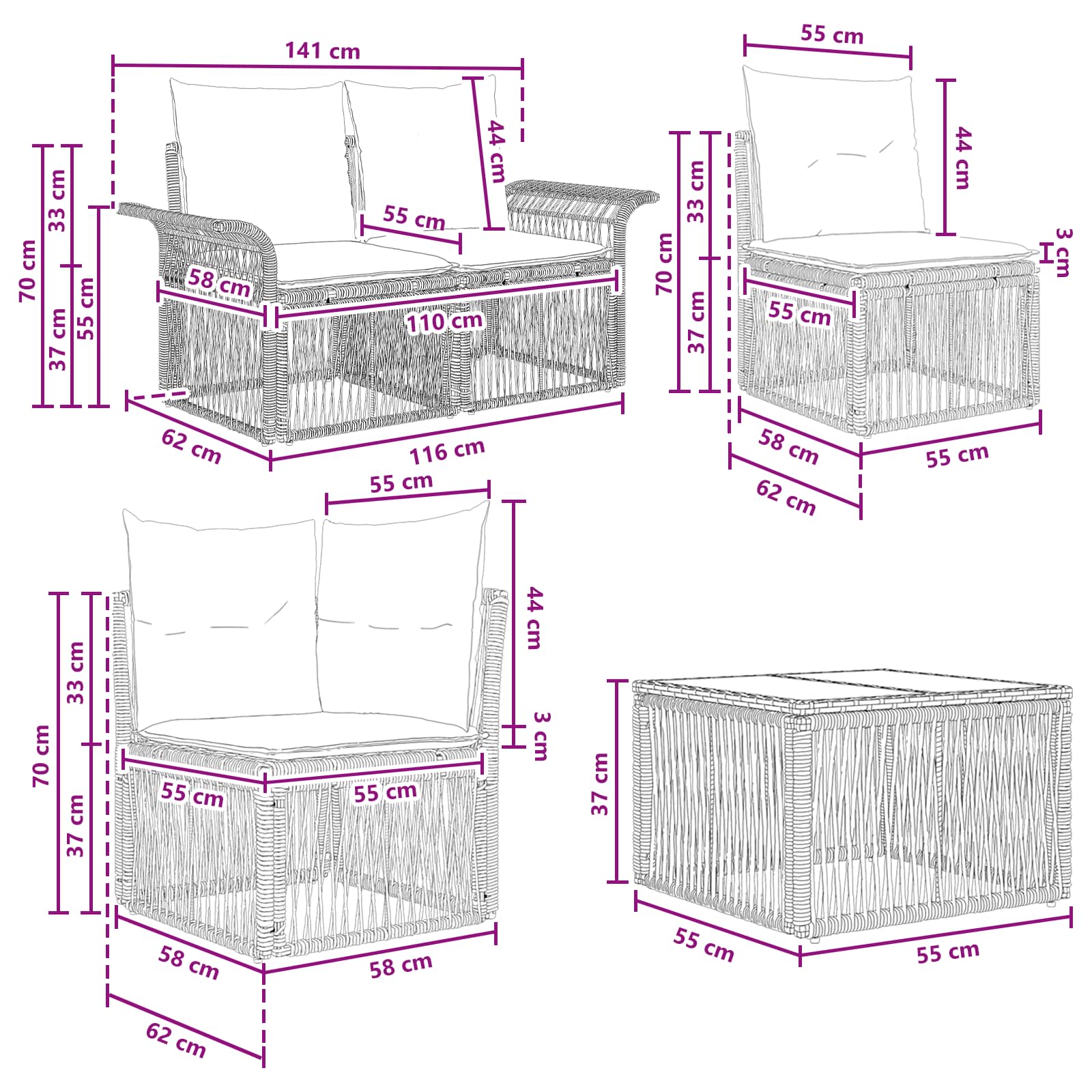 Set Divano da Giardino 12 pcs Nero polyrattan | homemem39