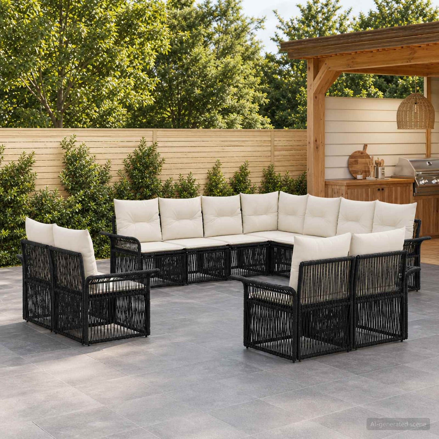 Set Divano da Giardino 11 pcs Nero e Bianco Crema polyrattan | homemem39