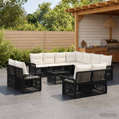 Set Divano da Giardino 12 pcs Nero e Bianco Crema polyrattan | homemem39