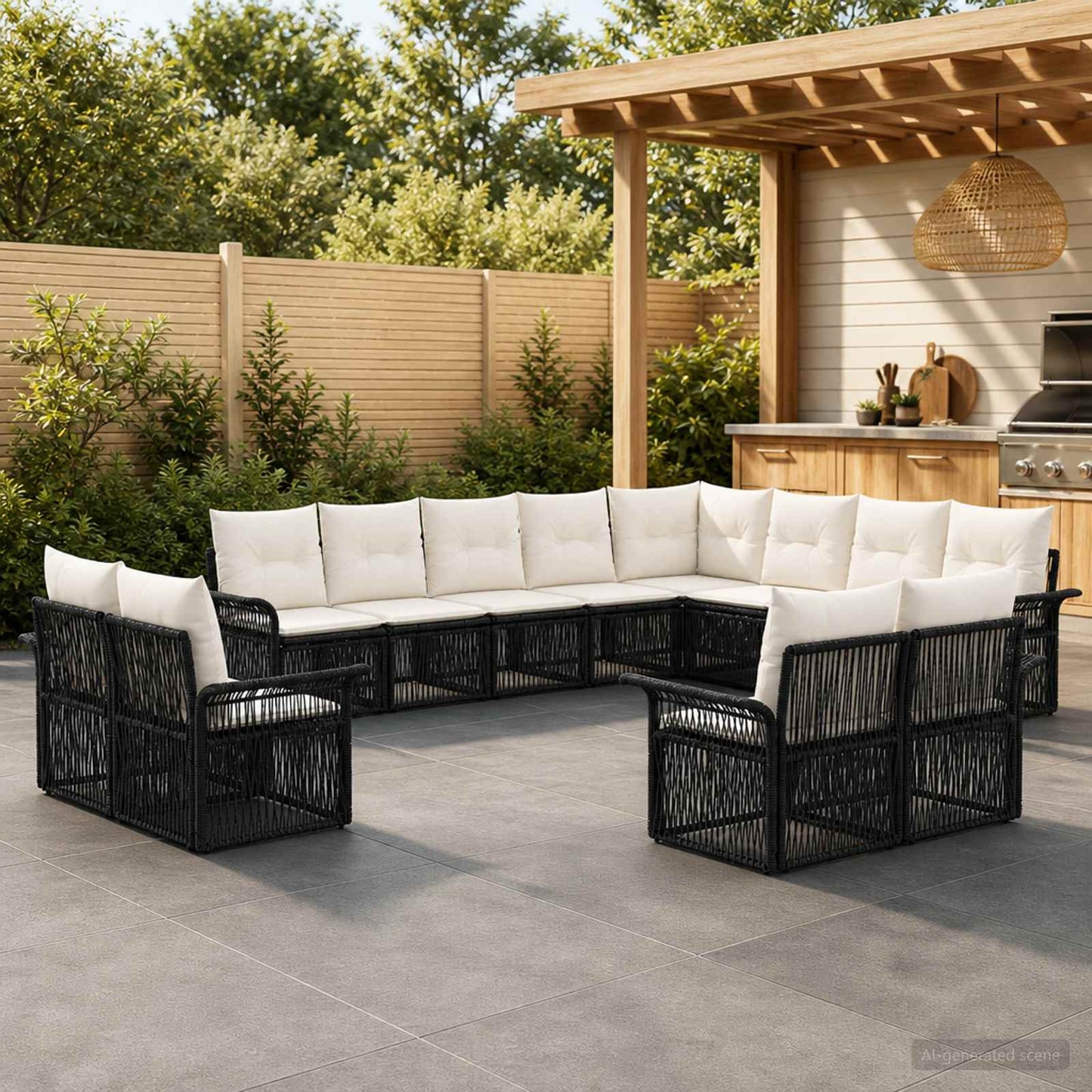 Set Divano da Giardino 12 pcs Nero e Bianco Crema polyrattan | homemem39