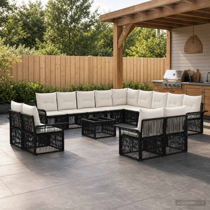 Set Divano da Giardino 14 pcs Nero e Bianco Crema polyrattan | homemem39