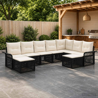 Set Divano da Giardino 9 pz Nero e Bianco Crema polyrattan
