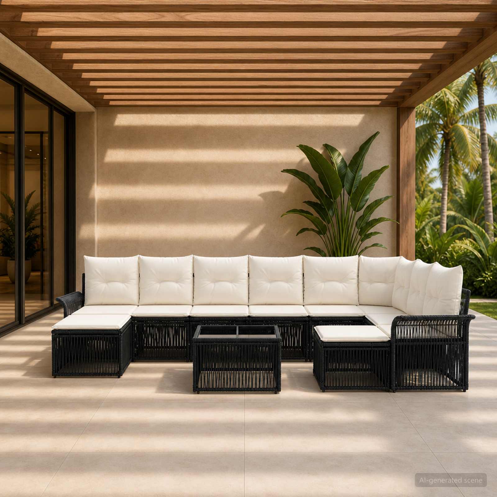 Set Divano da Giardino 10 pcs Nero e Bianco Crema polyrattan | homemem39