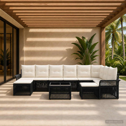 Set Divano da Giardino 10 pcs Nero e Bianco Crema polyrattan | homemem39