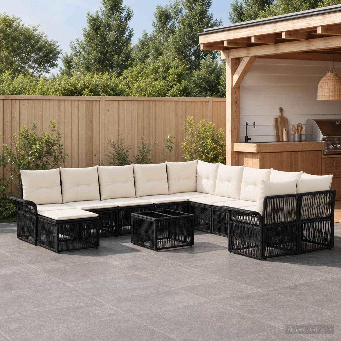 Set Divano da Giardino 12 pz Nero e Bianco Crema polyrattan