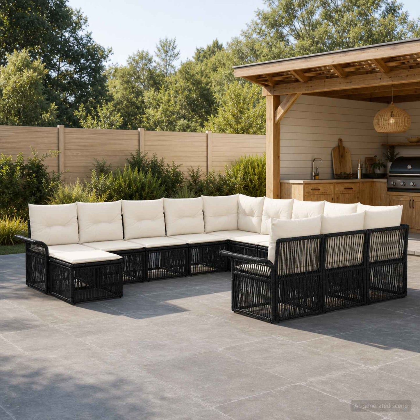 Set Divano da Giardino 12 pcs Nero e Bianco Crema polyrattan | homemem39
