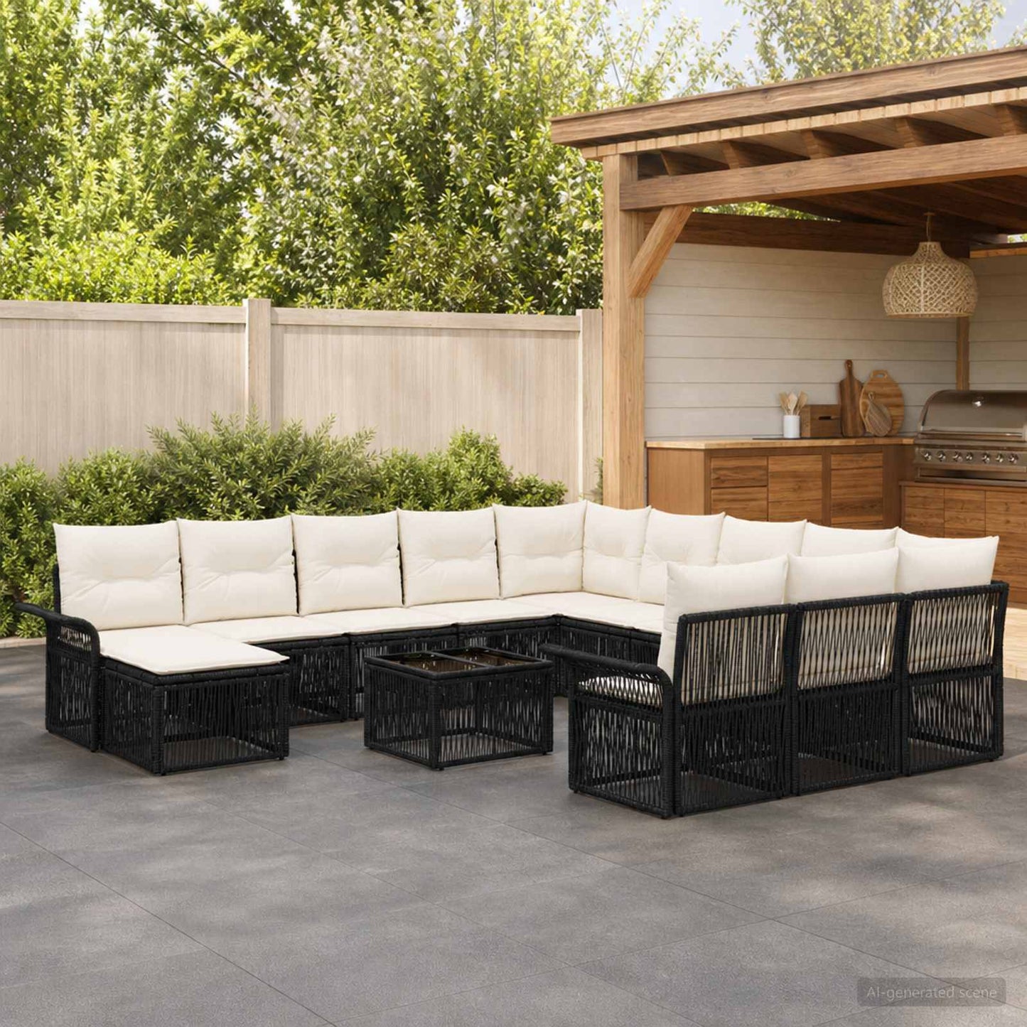 Set Divano da Giardino 13 pcs Nero e Bianco Crema polyrattan | homemem39