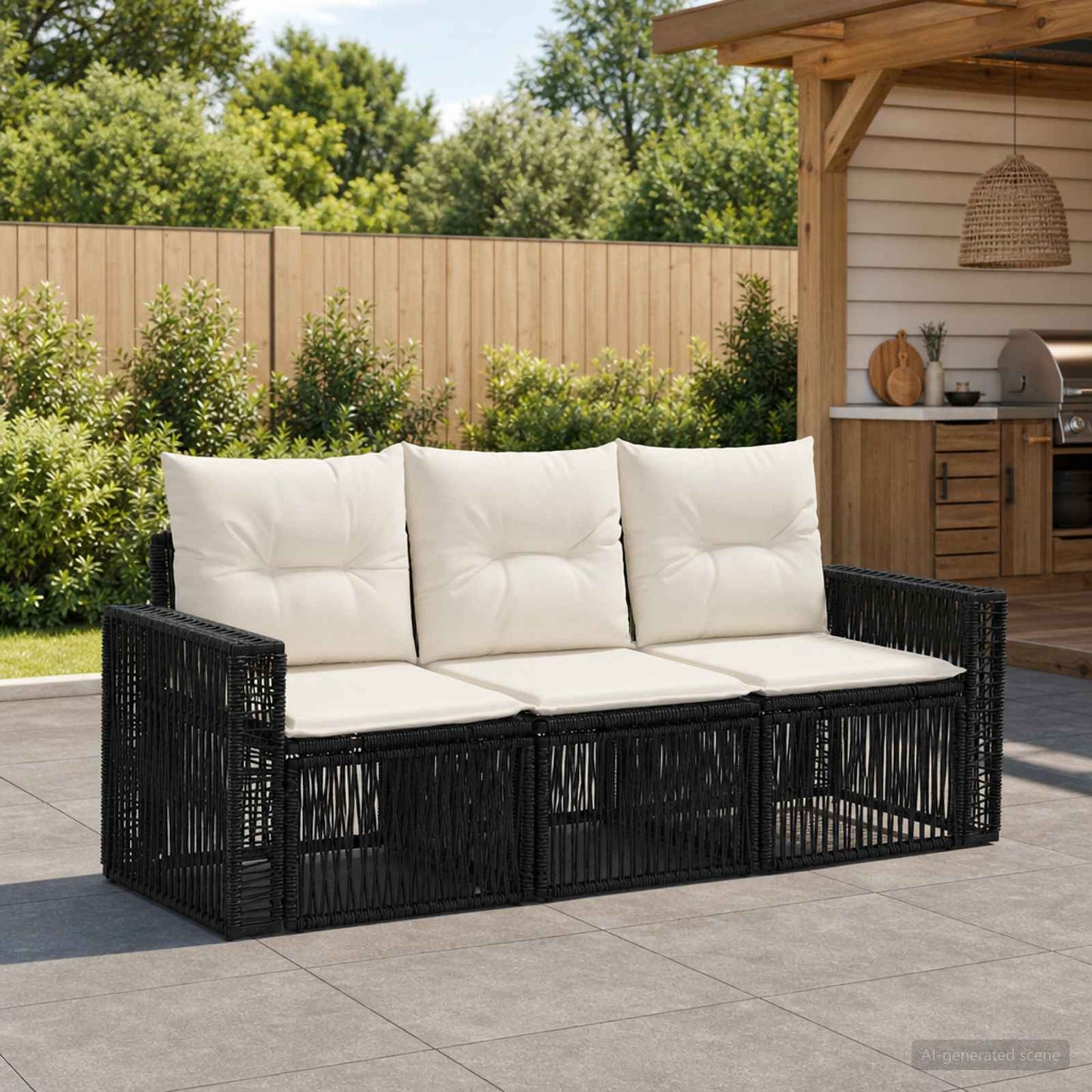 Set Divano da Giardino 3 pcs Nero e Bianco Crema polyrattan | homemem39
