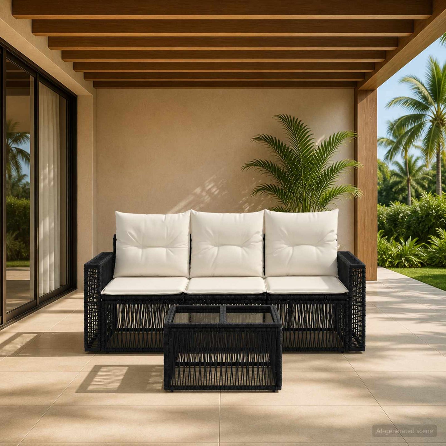 Set Divano da Giardino 4 pcs Nero e Bianco Crema polyrattan | homemem39