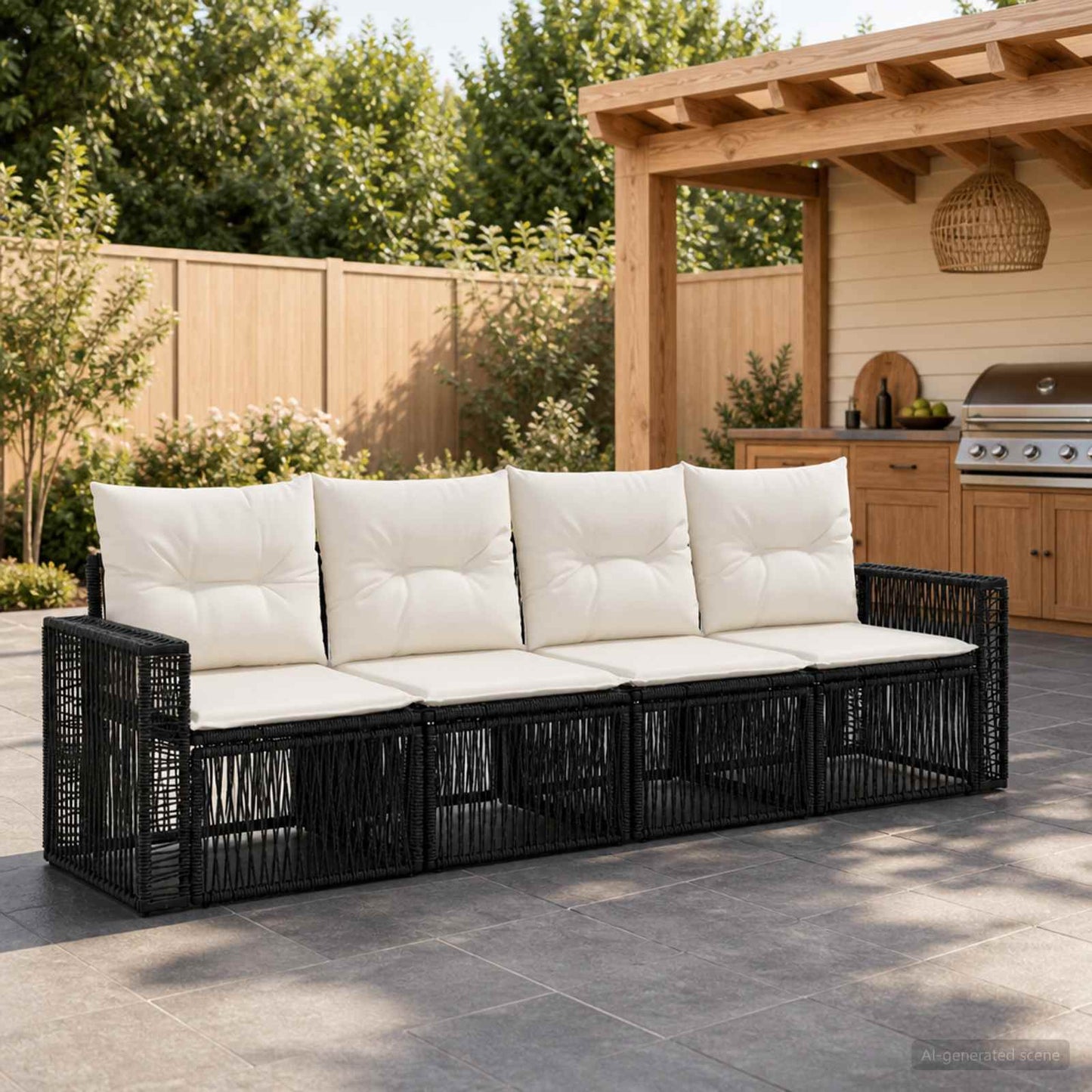 Set Divano da Giardino 4 pcs Nero e Bianco Crema polyrattan | homemem39