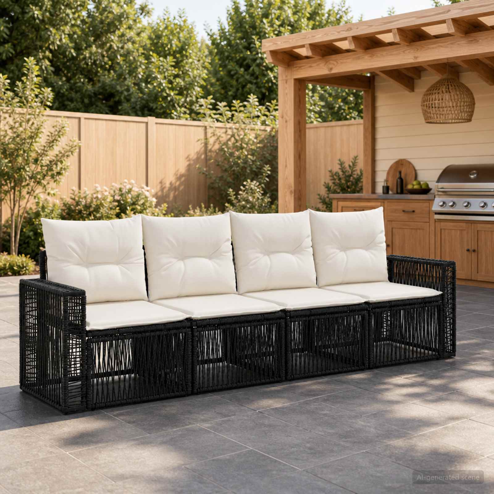 Set Divano da Giardino 4 pcs Nero e Bianco Crema polyrattan | homemem39