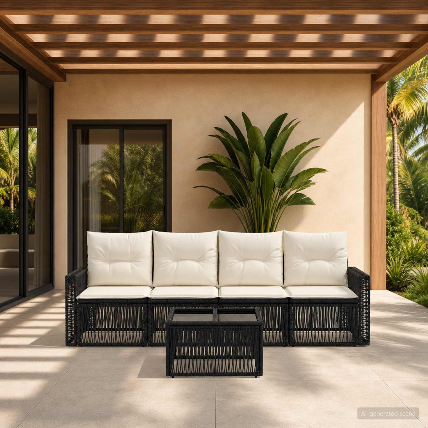 Set Divano da Giardino 5 pcs Nero e Bianco Crema polyrattan | homemem39