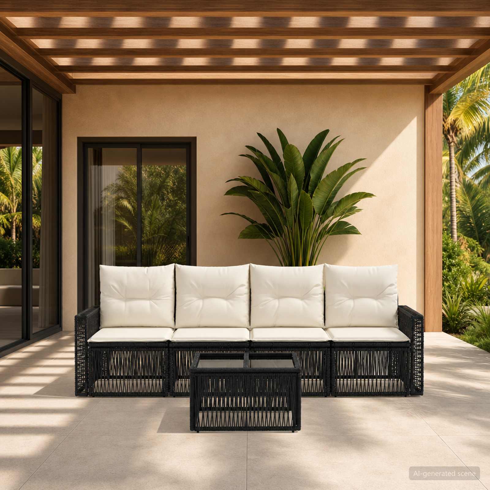 Set Divano da Giardino 5 pcs Nero e Bianco Crema polyrattan | homemem39